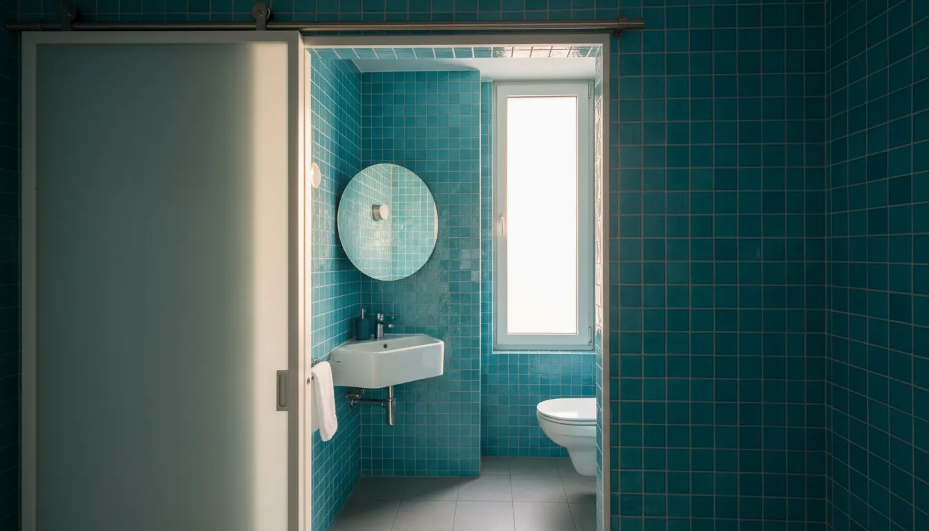 Baie urbană foarte mică, cu ușă glisantă montată pe perete și acces optimizat