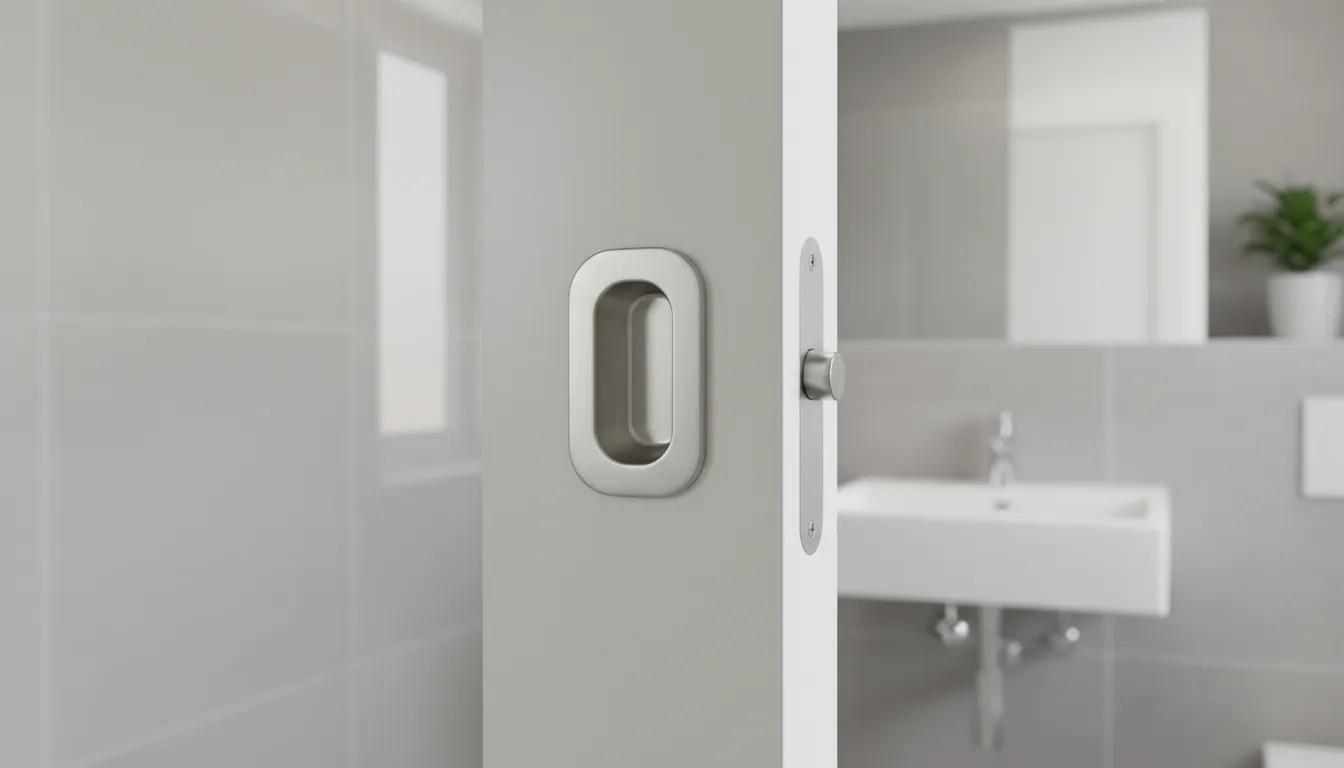 Mâner încastrat și toc minimal la ușă glisantă montată la baie mică