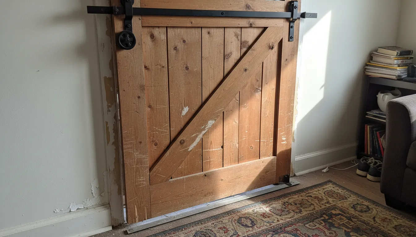 Semne de uzură la o ușă glisantă din lemn montată greșit
