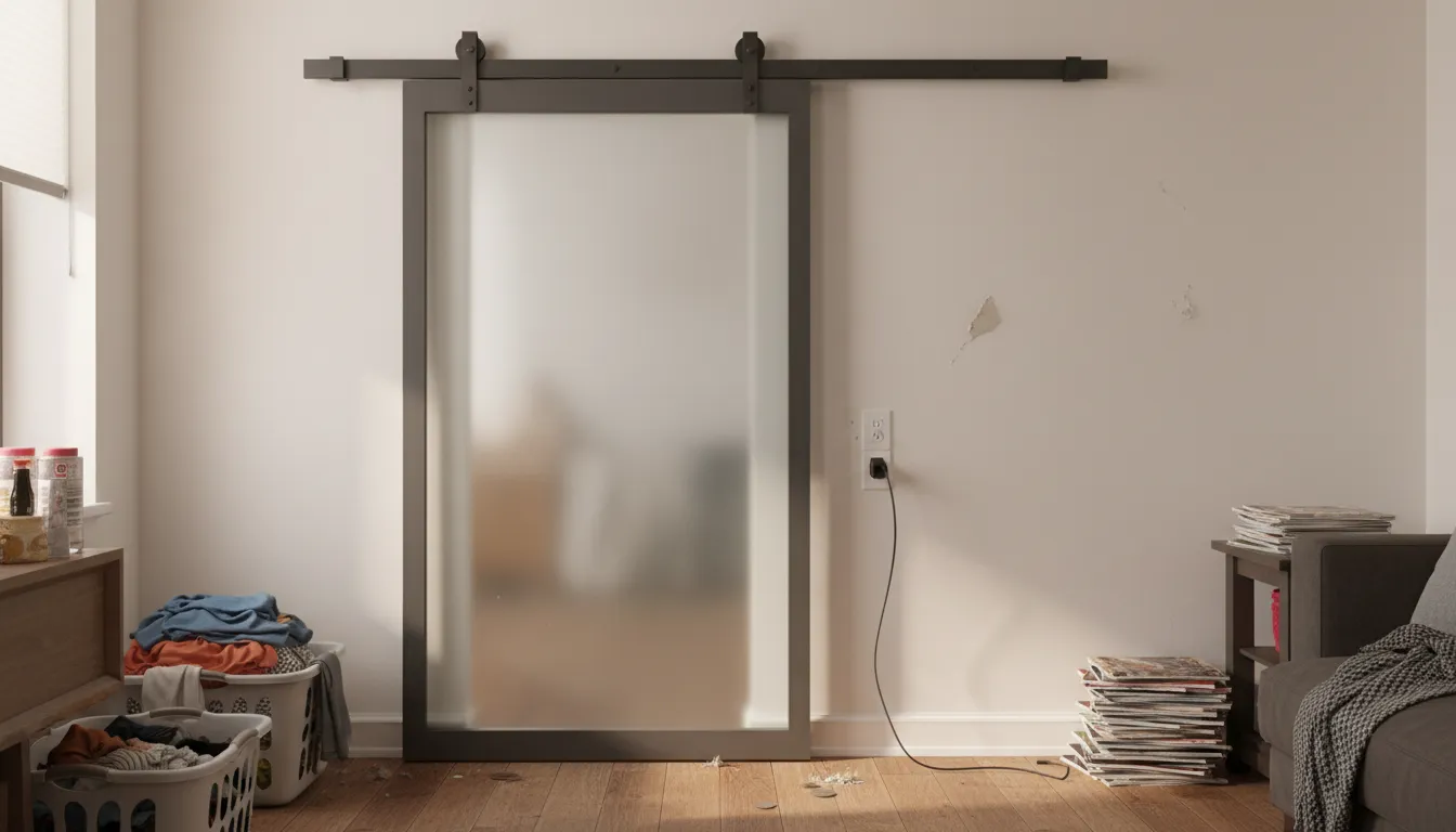 Ușă glisantă instalată greșit, suprapusă peste o priză electrică din perete