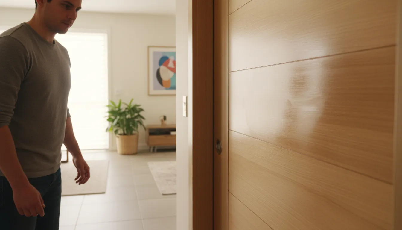 Persoană curățând o ușă glisantă de lemn cu o cârpă moale