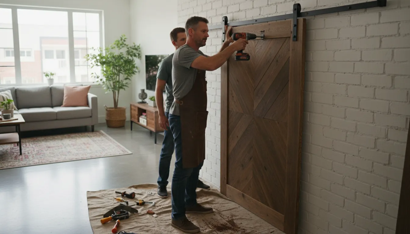 Specialist fixează șina unei uși glisante de lemn