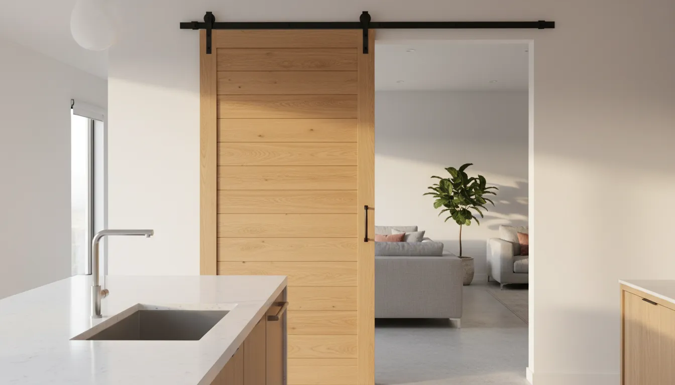 Ușă glisantă lemn delimitând bucătăria de living