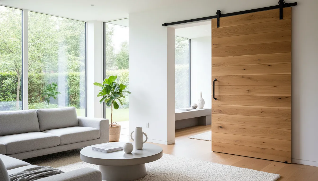 Ușă glisantă din lemn în living cu decor minimalist