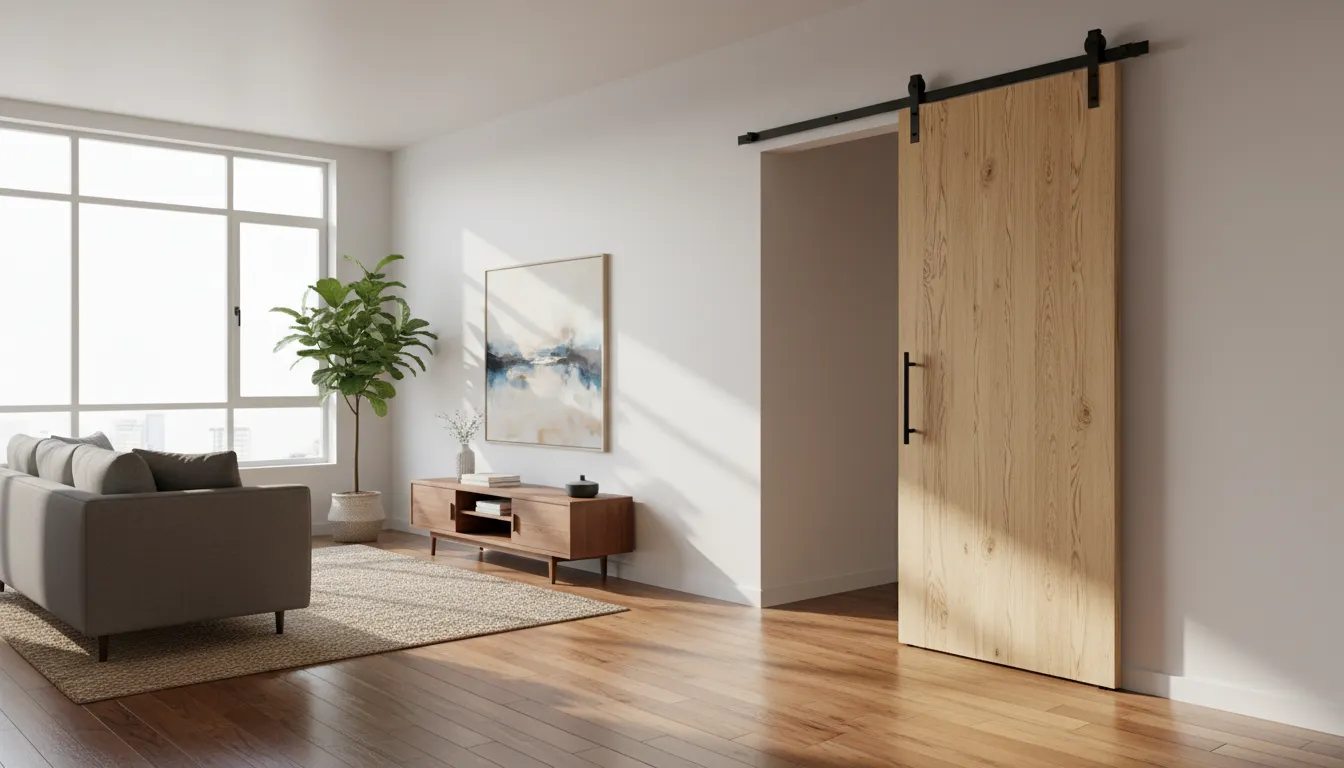 Ușă glisantă din lemn masiv montată într-un living luminos