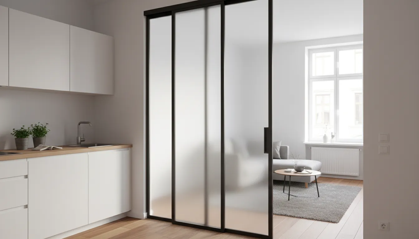 Ușă glisantă cu panou mare din sticlă mată, delimitând bucătăria de living într-un apartament mic